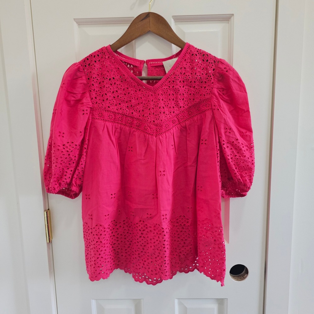 Industry Womens Hot Pink Eyelet Cotton Puff Sleeve V-Neck Blouse Small S/P